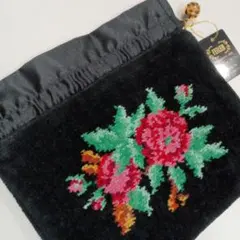 終値【新品】フェイラー巾着ポーチ　ブラック花柄シェニール織り　新生活