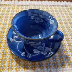 青色 花柄 カップとソーサーセット