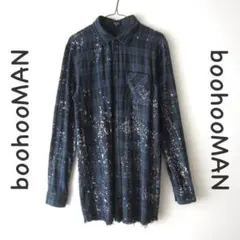 美品　boohooMAN／ブーフーマン★　ペイント加工　チェック柄ロングシャツのサムネイル