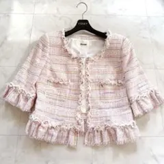極美品✨Rene TISSUE製 ミックスツイード ノーカラージャケット フリル