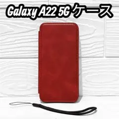 Galaxy A22 5G ケース 手帳型 レッド ストラップ付き