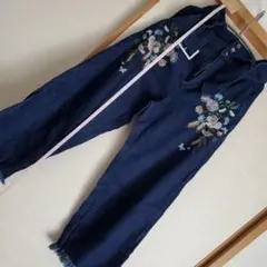 scolar✼花柄刺繍 ダークブルー ワイドパンツ