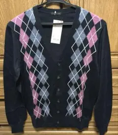 ユニクロ　Vネック カーディガン ハイゲージ アーガイル 長袖 ネイビー S