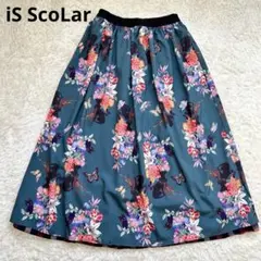 【iS ScoLar】新品　黒猫　花柄　チェック柄　リバーシブル　ロングスカート