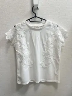 191 花柄レース Tシャツ ホワイト　綺麗め　Lサイズ　ポリエステル