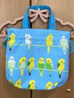 インコ柄.セキセイインコ. マチの可愛い巾着バック.手ぬぐいリメイク.水色