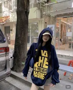 SHEIN ネイビー イエロー パーカー スウェット