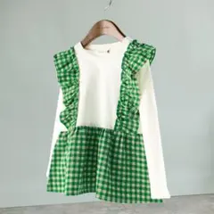 ブランシェス　サッカー先染めギンガムチェックTシャツ　フリル付き長袖カットソー
