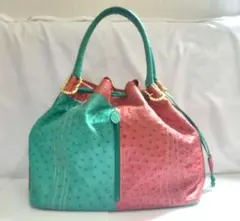 【希少】レディース ハンドバッグ オーストリッチ レザー 赤 緑 大容量