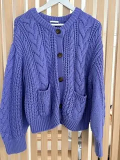パープル ケーブル編み ニットカーディガン Lサイズ