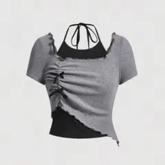 SHEIN グレー ブラック リボン付き Tシャツ XS