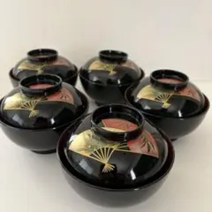 蓋付き吸物椀 雑煮椀5客セット 漆器 扇面 金蒔絵 - メルカリ