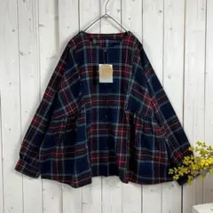 新品 切り替えブラウス ノーカラー フレア ネル素材 ネイビー レッド M〜 L