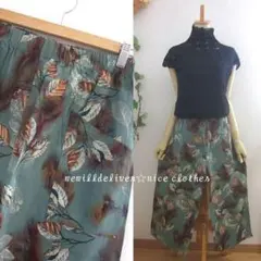 新品 　LLサイズ　リーフ柄ガウチョパンツ　フレアーパンツ　麻混素材　グリーン系