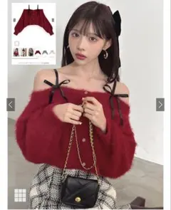 オフショルダーリボン付きセーター レッド GRL