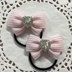 ハンドメイド ヘアゴム ストライプ ピンク ハート a287