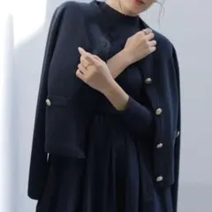 【新品】【ZOZO限定】オリジナルボタンノーカラーニットジャケット/ネイビー