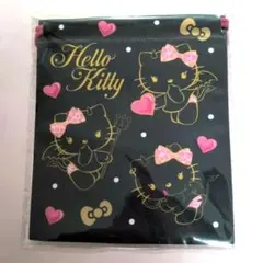 新品 ハローキティ 巾着 布製品 黒とピンク ハート 水玉 未使用品