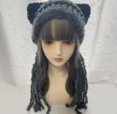 耳付きニット帽 グレーとブラック　ハンドメイド