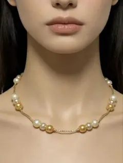 パールビーズネックレス ゴールドクリーム80cm