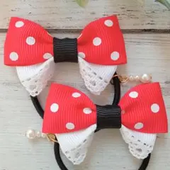 赤ドットレース　グログランリボン　キッズヘアゴム　ハンドメイド　子供　MEI