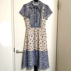 美品　未使用に近い　ブルー　花柄　半袖　ロングワンピース　S　ボンメルスリー　夏
