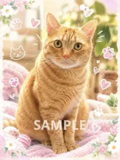 猫 ポストカード 茶トラ猫 ピンク 花柄 ハート かわいい インテリア雑貨