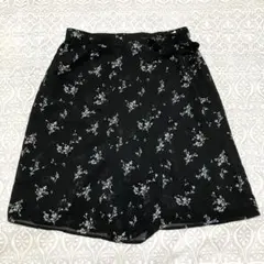 レディース　花柄　リボン　ひざ丈　キュロットスカート　ブラック　ウエスト67