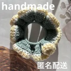 【ハンドメイド】　シュシュ　フリル　グリーン　ホワイト　イエロー