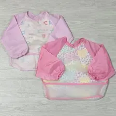 お食事エプロン 2点セット 袖付き 長袖 ピンク 花柄 ネコ