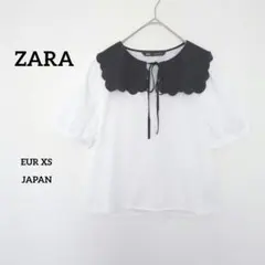 ザラ　ブラウス　パフスリーブ　刺繍襟付き　半袖　S相当　ホワイトリボ