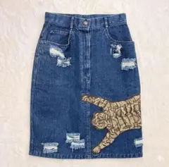 伊太利屋イタリヤ　アニマル柄刺繍　デニムタイトスカート　7号　インディゴ　個性的のサムネイル