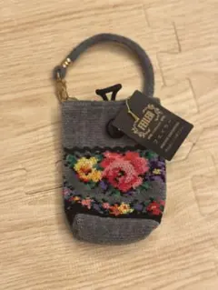 FEILER フラワー刺繍 ポーチ グレー
