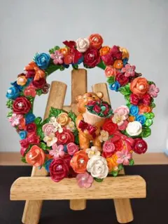 紙粘土の花リース（くまと花束）｜祖母の手作り・一点物インテリア
