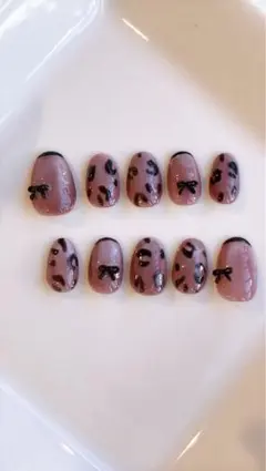 レオパード柄リボン付きネイルチップ