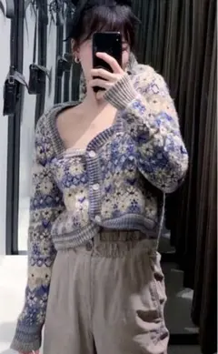 【トレンド】ジャカードニットカーデ　即時発送可　ブルーベージュ