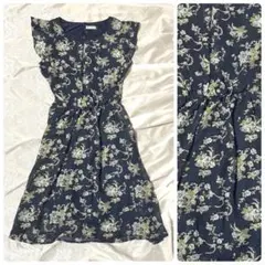 axes femme 花柄フリル袖ノースリーブワンピース 紺 M