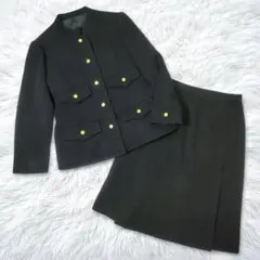 ヴィンテージ　セットアップ　カジュアルスーツ　金ボタン　ノーカラー　スカート　黒