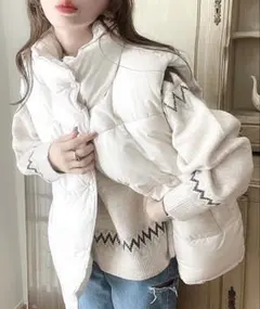 未使用 オーバーサイズスタンドカラーファイバーダウンベスト アイボリー F