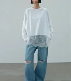 LOWRYS FARM 長袖 レース切替 カットソー ホワイトのサムネイル