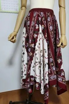 アクシーズファム　花柄フレアロングスカート ホワイト・バーガンディ　M