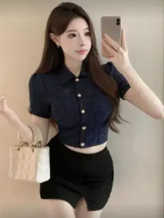 SHEIN DAZY ワンホン トップス シャツ クロップド丈 肩パット ラメ糸