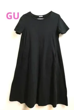 GUジーユー　丸首半袖　マーメイドフレアーカットソーワンピース　ブラックMサイズ