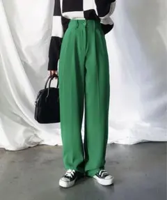 【ミームセレクト】太ベルトハイウエストカラータックスラックス　グリーン