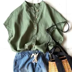 美品 カオス リネン100% シアーバンドカラーシャツ◇カーキ - メルカリ