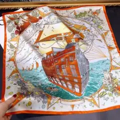 海と船のイラストシルク100%スカーフ　約70cm 正方形 大判絹製バンダナ上品
