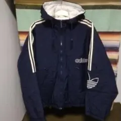 80s90s　アディダス　ナイロンジャケットパーカー　万国旗・銀タグ　ネイビー