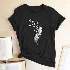 羽根 鳥柄 Tシャツ 黒 夏 リゾート カジュアル フェス ハワイアン