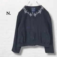 N. ☆襟元ビジュー ツイードジャケットジップアップ【M】ブラック