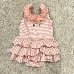 ファミリア　女の子　ワンピース　水着 80 ピンク　ボーダー　うさぎ　りんご